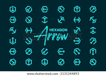 Hexagon shape vector arrow collection in cyan colors. Geometric design hexagonal arrows.