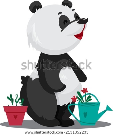 A panda character with a watering can and a flower pot. Cartoon style. Vector illustration.
