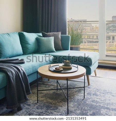 Creative composition of modern living room interior in small apartment. Eucalyptus sofa, coffee table and personal accessories. Windows with a big city view on. Template.