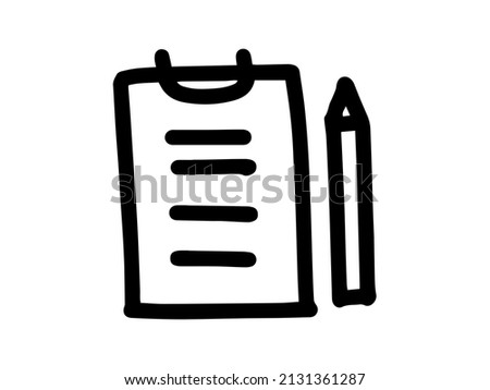 Hand-drawn line drawing illustration of clipboard and pen in monochrome