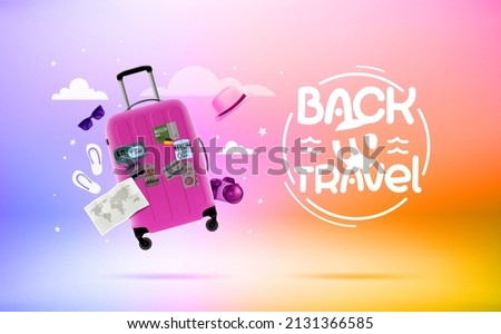 Travel concept with bag and sunglasses, hat, map, slippers, camera. Back to travel concept. 3d vector banner with label Royalty-Free Stock Photo #2131366585