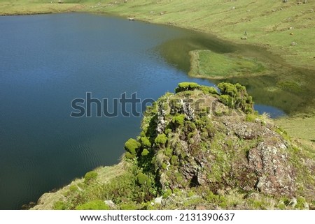 View onto the crater lake of Caldeira do Corvo on a sunny summer day, Corvo, Azores, Portugal
