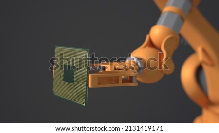 The orange robot holds a productive processor for a personal computer. Blurry gray background. The concept of future technologies . semiconductors Royalty-Free Stock Photo #2131419171