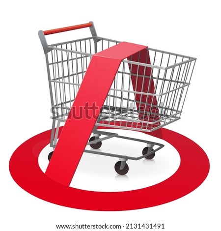 3D empty supermarket shopping cart or the prohibition symbol is placed above it Royalty-Free Stock Photo #2131431491