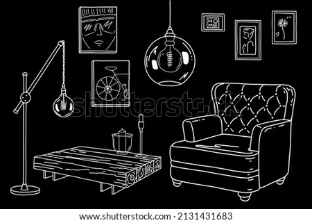 Industrial style interior. Hand drawing vector. Living apartment with armchair, table, lamp, frame on the wall