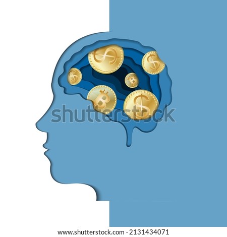 Realistic paper cut layered human head with the brain in the shape of money and bitcoin, Brain thinking about money.
