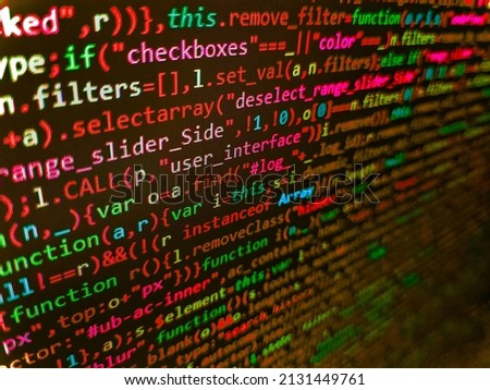 Web abstract programming and created virus on laptop screen. Internet connection stream flow concept. Information technology website coding standards for web design