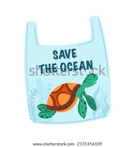 Save ocean. Stop plastic pollution. Plastic bag with underwater world, marine animals. Ocean environmental problem, ecology. Vector illustration. 