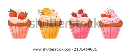 Cute colorful cream cupcakes of different taste and color. Strawberry, cherry, orange and raspberry flavored muffins. Flat vector dessert decoration clip art set.