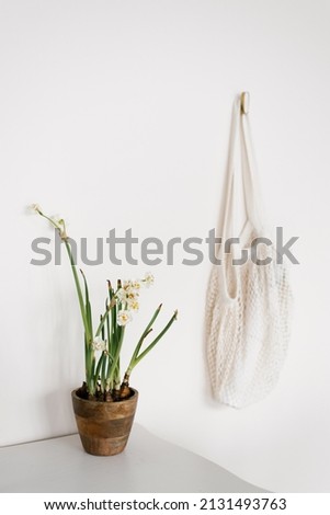 Daffodils in a clay pot and a cotton shopper bag hanging on the wall in the house