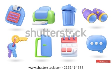 3d icon set. Floppy disk, printer, trash can, binoculars, keys, door, calendar, chat icon. Realistic render vector, glossy plastic objects Royalty-Free Stock Photo #2131494355