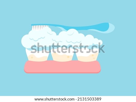 Tooth with yellow tartar plaque cleaning with toothpaste and toothbrush. Teeth in gum stain treatment, remove calculus and cleaning, whitening concept. Flat cartoon vector illustration. Dental hygiene