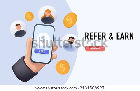 Refer a friend concept. Hands hold phone with contacts of friends. Business partnership strategy with group of people. Social media marketing for friends or Influencer web banner template. 3D vector Royalty-Free Stock Photo #2131508997