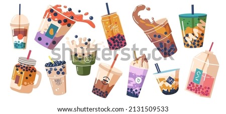 Set of Bubble Tea or Coffee Drinks Isolated on White Background. Pearl Milk Tea , Boba Yummy Beverages in Glass or Plastic Cups with Straw, Graphic Design Collection, Cartoon Vector Illustration Royalty-Free Stock Photo #2131509533