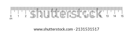 Horizontal scale of ruler with 15 centimeters markup and numbers. Distance, height or length measurement math or sewing tool template isolated on white background. Vector graphic illustration