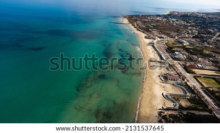 Aerial view, Italy, Puglia, Lecce, Torre Rinalda, public beach on the sea, Spiaggiabella Beach