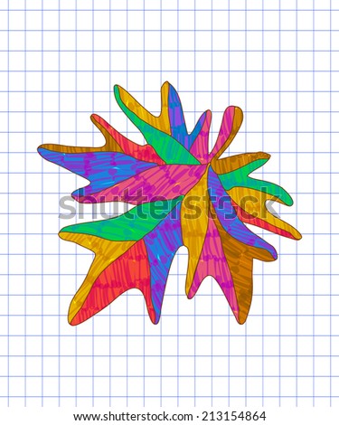 Hand-drawn felt pen imitation vector colorful maple leaf on checked paper 