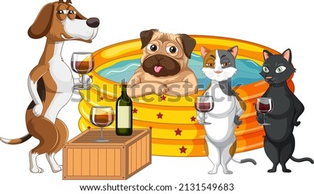 Cats and dogs drinking wine by the pool illustration