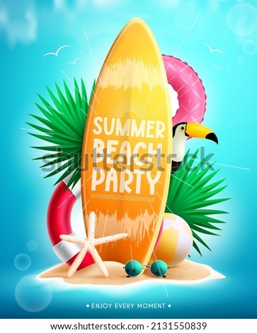 Summer beach vector concept design. Summer beach party text in surfboard element with floaters, leaves and miniature island for tropical holiday decoration. Vector illustration.
 Royalty-Free Stock Photo #2131550839
