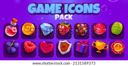 Game icons pack with potion, gold cup, heart, berries, candies and shield. Vector cartoon set of mobile game symbols, golden coin, strawberry, lollipop, gem and award badge Royalty-Free Stock Photo #2131589373