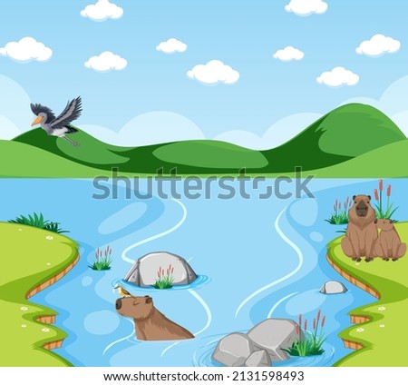 Scene with beavers and bird by the river illustration