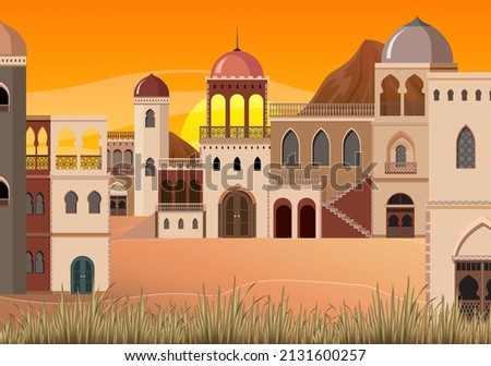 Scene with many buildings in village illustration