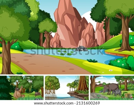 Four scenes with wild animals in jungle illustration