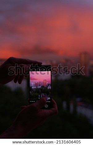 Moscow city sunset on mobile camera                         