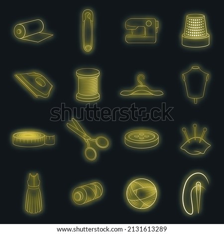 Tailoring icons set in neon style. Sewing and needlework set collection vector illustration