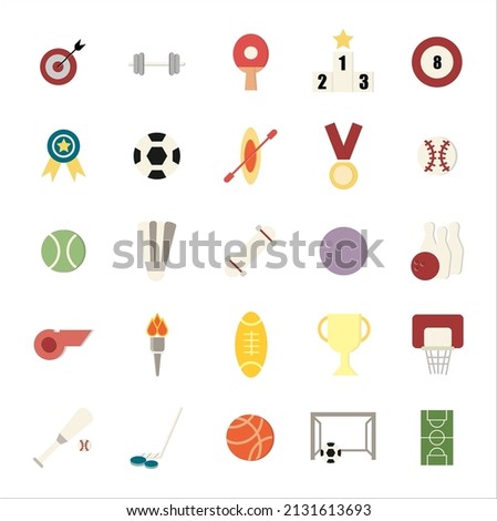 A collections of sport equipment icons in flat styles, football, sailing, trophy, bowling, skateboard, rugby, torch. Vector, illustration