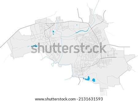 Marhanets, Dnipropetrovsk Oblast, Ukraine high resolution vector map with city boundaries and outlined paths. White additional outlines for main roads. Many detailes. Blue shapes and lines for water.