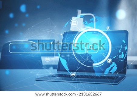 Close up of workplace with notebook, other items and digital search bar hologram and polygonal globe. Web site and find concept. Double exposure