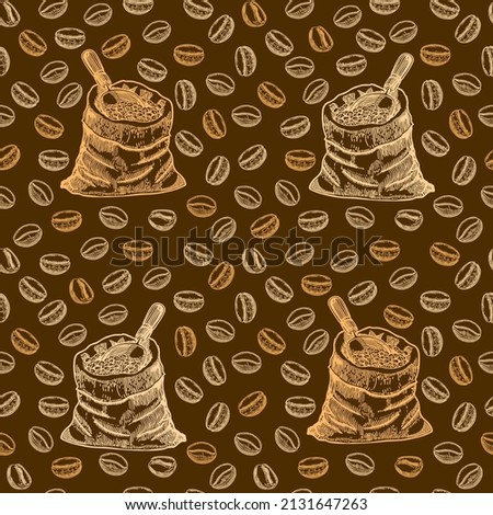 Hand drawn coffee seamless pattern. Coffee bag sketch. Coffee beans hand drawing light on a dark background.