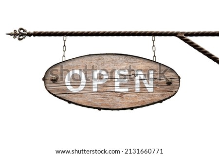 Sign that says OPEN. Old wooden oval signboard in metal frame isolated on white background. Mock up on white background.