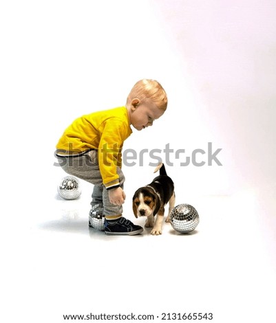 a child with a puppy play on a light background