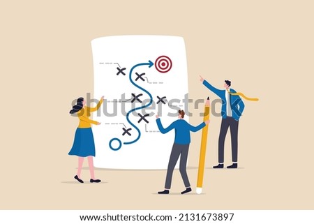 Strategic planning, plan to overcome difficulty or obstacle to reach goal or target, team brainstorm or competitor analysis, business success concept, business team planning for success tactic chart. Royalty-Free Stock Photo #2131673897