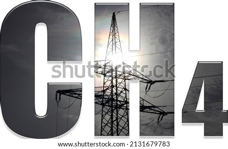 The letters of the word "CH4" are backlit with a photo of a power pole against the light