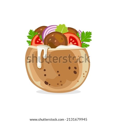 Pita bread with falafel on a white background. Traditional middle east food. Jewish, arabic cuisine. Vector illustration Royalty-Free Stock Photo #2131679945