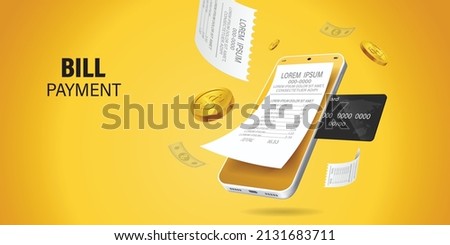 Bill of expenses is on mobile phone.Pay bills with mobile phone.Online shopping spending.Online shopping via smartphone.Bill payment flat isometric vector concept of mobile payment, shopping, banking. Royalty-Free Stock Photo #2131683711