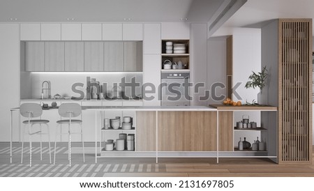 Architect interior designer concept: hand-drawn draft unfinished project that becomes real, modern kitchen, Island with stools, parquet. Oven, stove, sink and accessories, 3d illustration