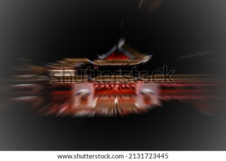 An abstract rendition of a temple in Shanghai made to look like zooming through space 
