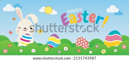 Happy Easter day poster. Little Rabbit Bunny cartoon flat design with greeting card. Easter egg festival background banner template isolated vector illustration