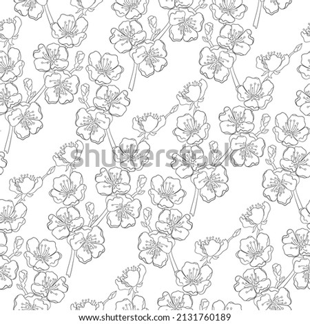Contour drawing of spring flowering twigs on a white background. Black and white minimalist design. Seamless pattern, vector illustration.