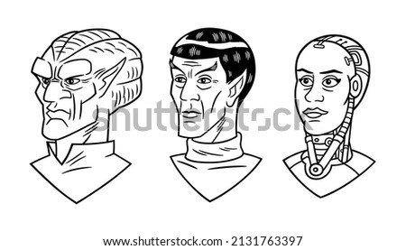 Vector illustration, in black and white with border lines, of the face of three science fiction characters.