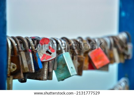 Love padlocks on a banister in Siofok, at the Lake Balaton Royalty-Free Stock Photo #2131777529
