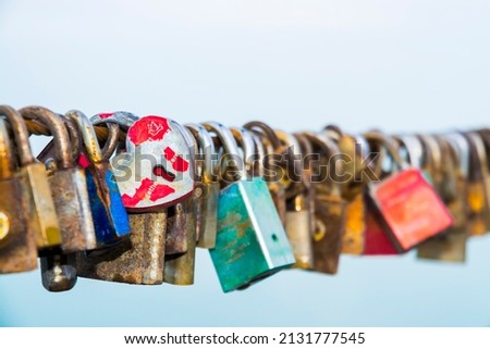 Love padlocks on a banister in Siofok, at the Lake Balaton Royalty-Free Stock Photo #2131777545