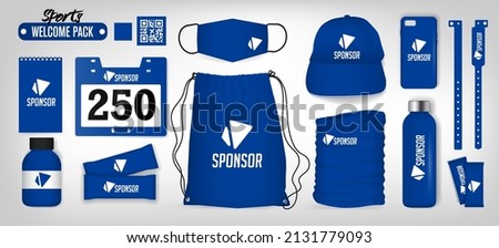 Sample welcome package with corporate gifts. Bag pack, bracelet, cap, clothes, drink bottle, energy bar, mask, mobile cover, neck warmer, protein bottle, start number, notebook. Vector, editable color Royalty-Free Stock Photo #2131779093
