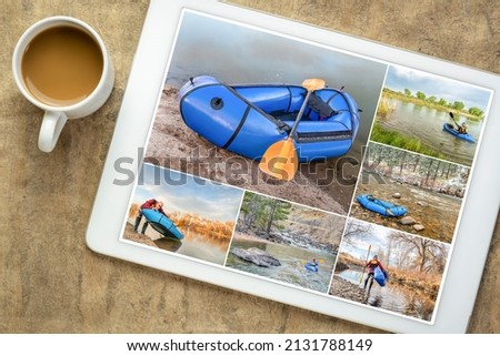 paddling inflatable packraft (one-person light raft used for expedition or adventure racing) in Colorado - reviewing and editing a set of pictures featuring the same senior male paddler on a tablet