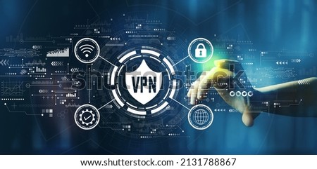 VPN concept with hand pressing a button on a technology screen Royalty-Free Stock Photo #2131788867