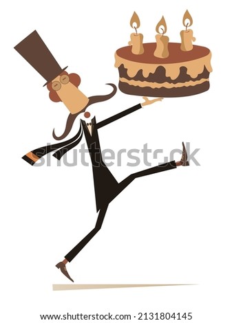 Cartoon man holds a cake with candles illustration. 
Funny long mustache man in the top hat holding a cake with candles isolated on white background
